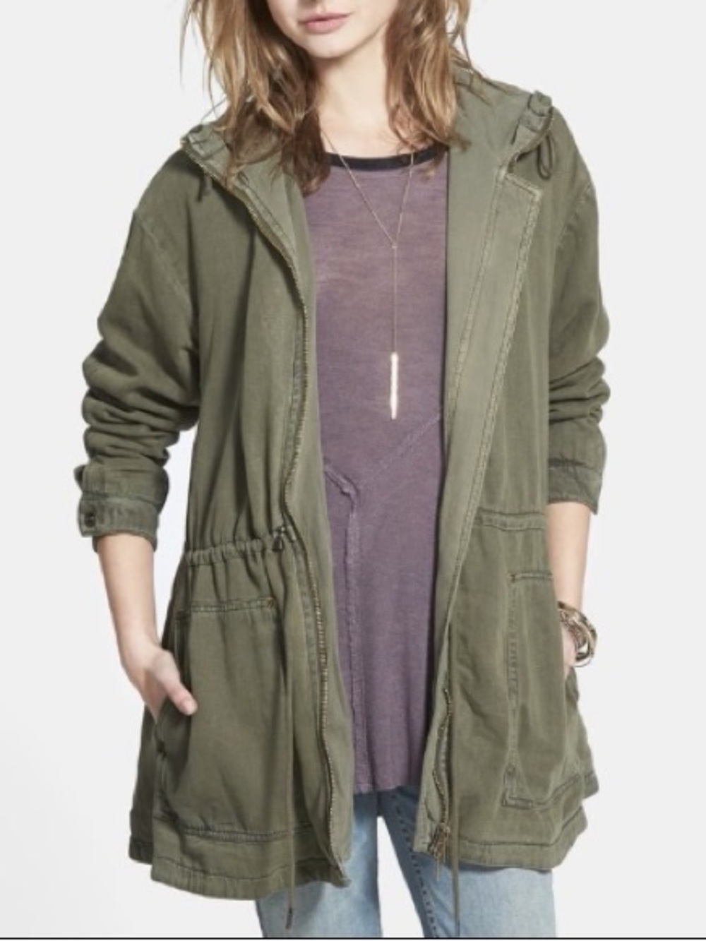 Free People Olive Green Hooded Utility Jacket